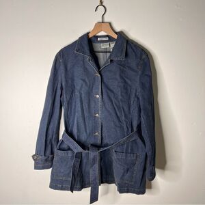 Villager Sport Dark Blue Jean Jacket with Belt Chore Pockets XL Vintage Denim